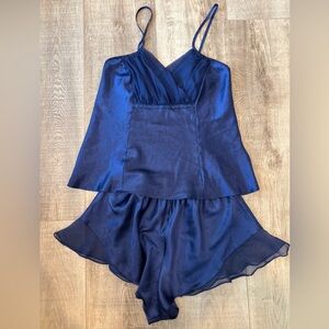 Vintage Satin Cami Shorts Set Navy Blue Honors Intimates L